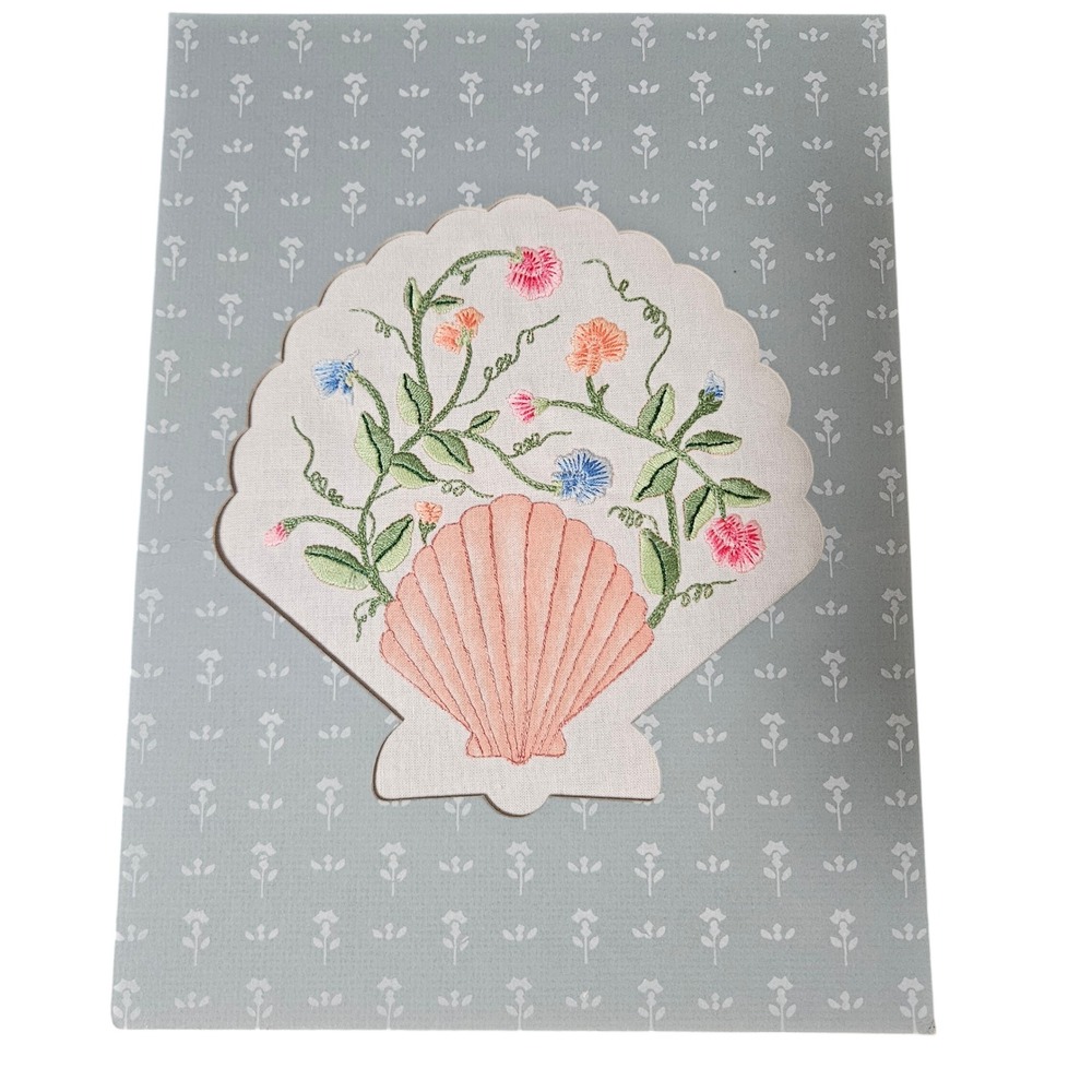 Vintage Hand Embroidered Linen Seashell Floral Textile Coastal Cottage Wall Art